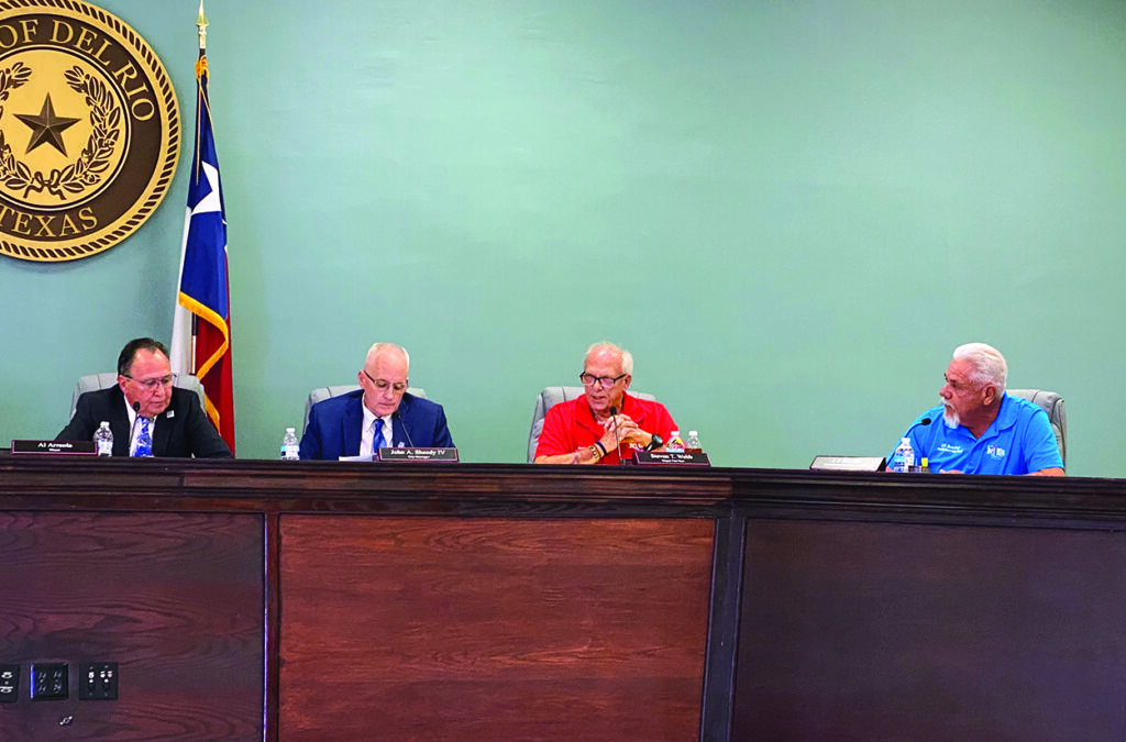 From left, Mayor Al Arreola, City Manager John Sheedy, Mayor Pro-tem Steve Webb and Councilman J.P. Sanchez discuss the amount of a proposed cost-of-living adjustment to be included in the city’s 2023-2024 budget during a workshop session Tuesday. (Photo by Karen Gleason)